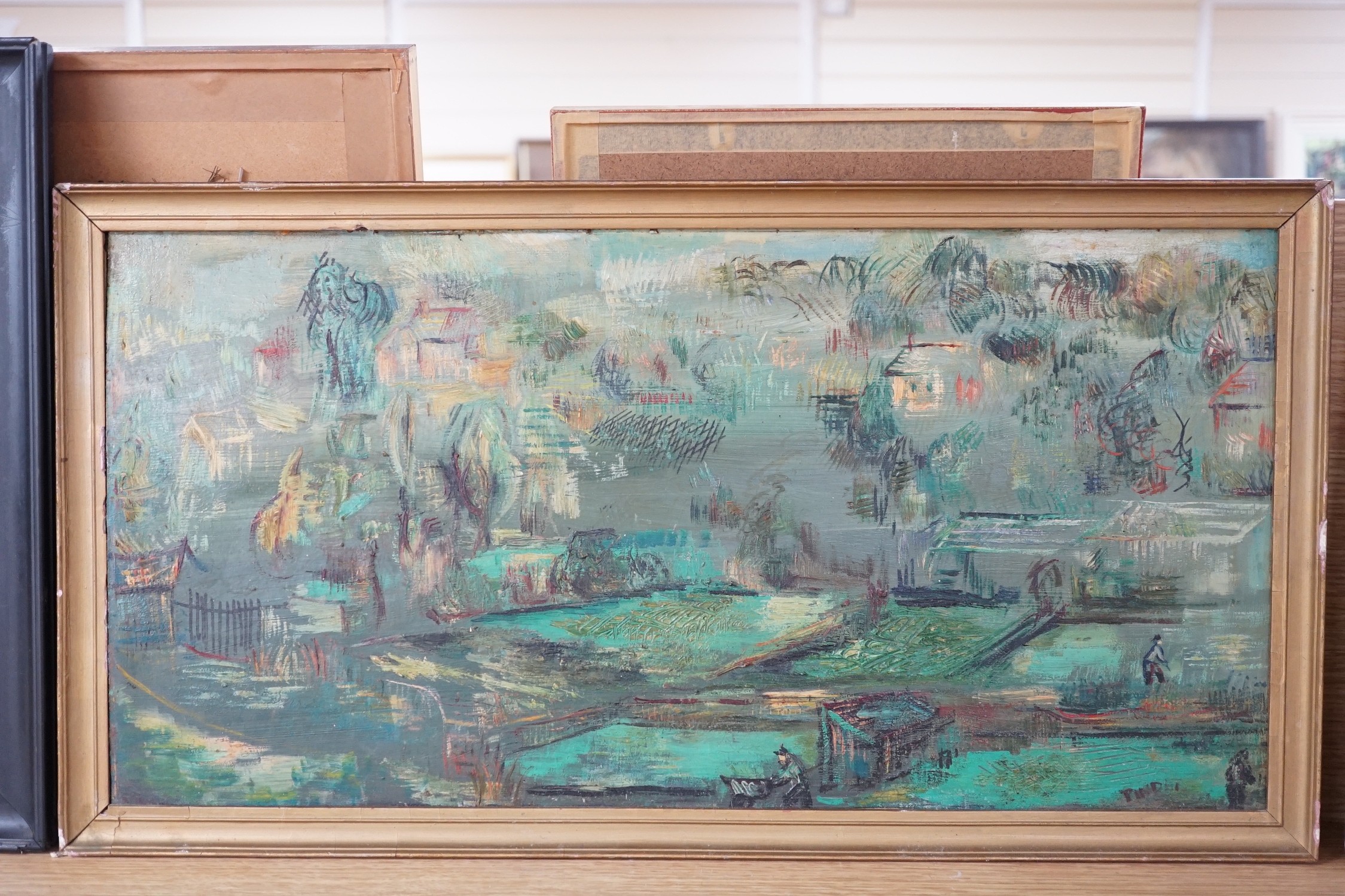 Pinder, oil on board, Figures in a parkland, signed, 30 x 60cm
